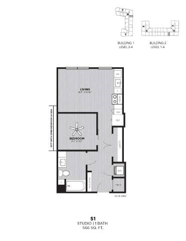 Floor plan for studio, 1 bath, 566 sqft