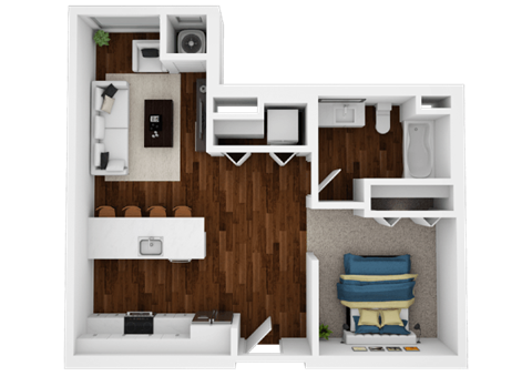 Floor plan for 1 bed, 1 bath, 643 sqft