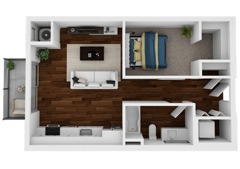 Floor plan for 1 bed, 1 bath, 587 sqft