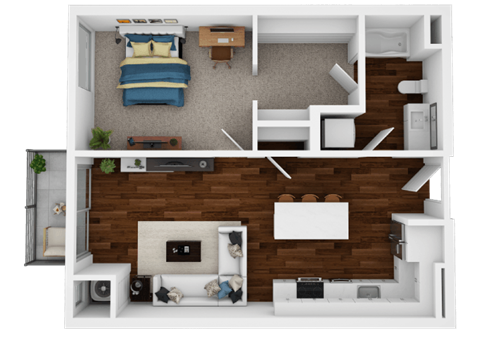 Floor plan for 1 bed, 1 bath, 733 sqft