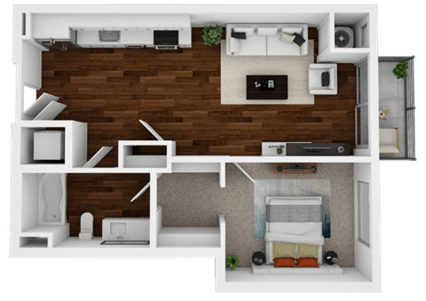 Floor plan for 1 bed, 1 bath, 665 sqft