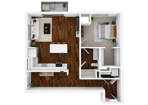Floor plan for 1 bed, 1 bath, 873 sqft