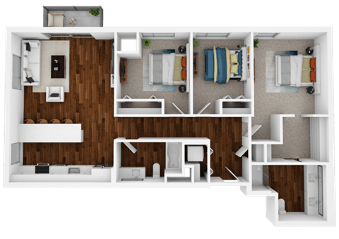 Floor plan for 3 beds, 2 baths, 1299 sqft