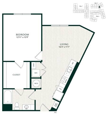 Floor plan for 1 bed, 1 bath, 798 sqft