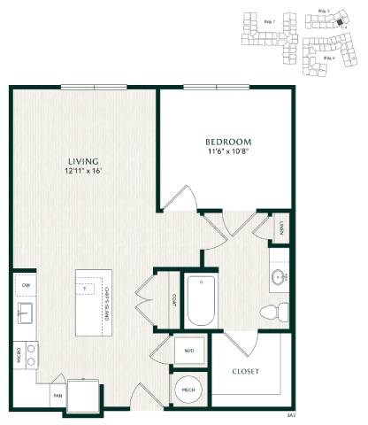 Floor plan for 1 bed, 1 bath, 756 sqft