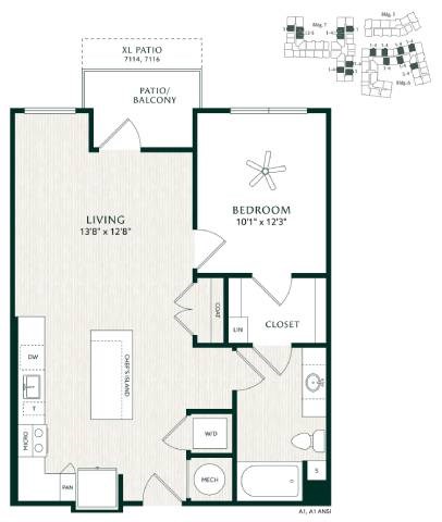 Floor plan for 1 bed, 1 bath, 750 sqft