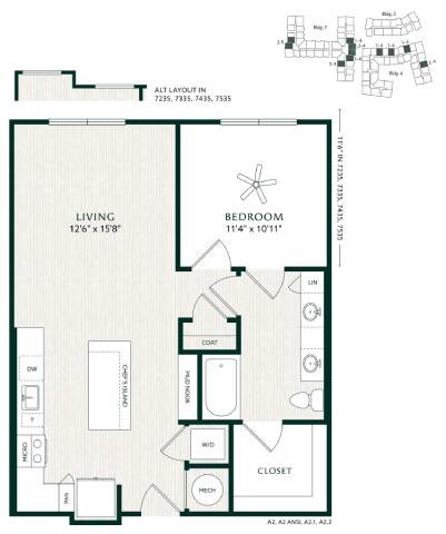 Floor plan for 1 bed, 1 bath, 772 sqft