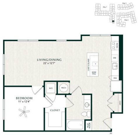 Floor plan for 1 bed, 1 bath, 756 sqft