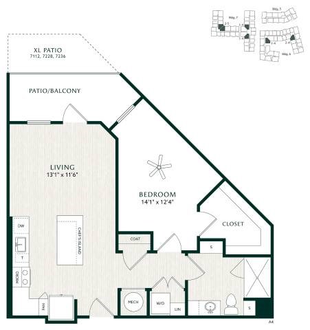 Floor plan for 1 bed, 1 bath, 767 sqft