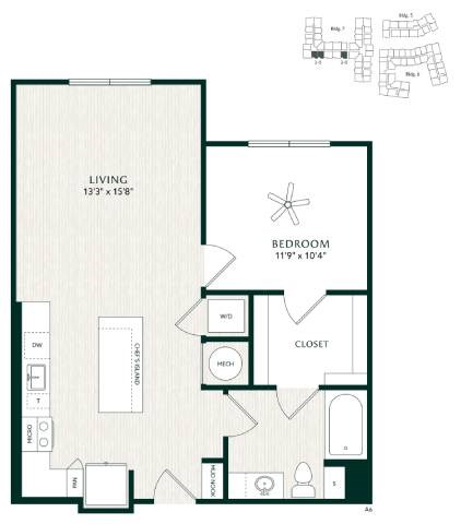 Floor plan for 1 bed, 1 bath, 751 sqft