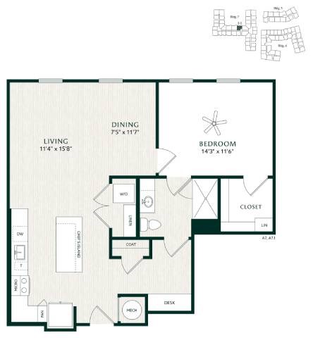 Floor plan for 1 bed, 1 bath, 914 sqft
