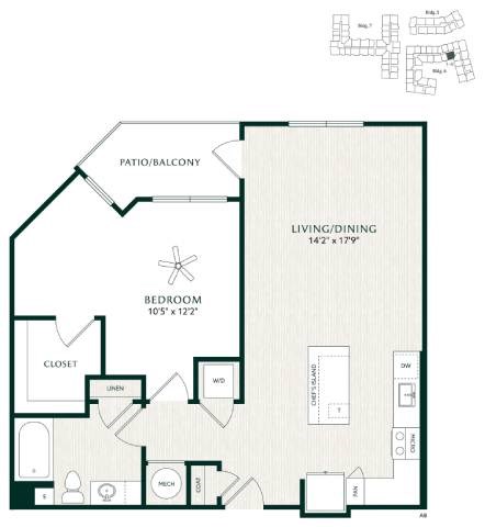 Floor plan for 1 bed, 1 bath, 917 sqft