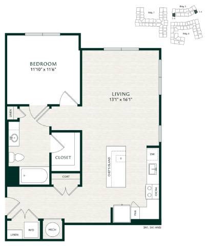 Floor plan for 1 bed, 1 bath, 846 sqft