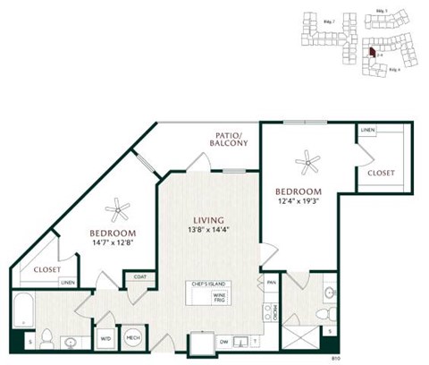 Floor plan for 2 beds, 2 baths, 1169 sqft