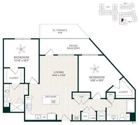Floor plan for 2 beds, 2 baths, 1217 sqft