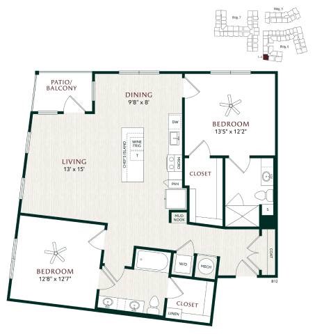 Floor plan for 2 beds, 2 baths, 1292 sqft