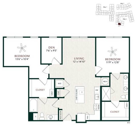 Floor plan for 2 beds, 2 baths, 1257 sqft