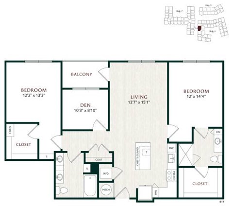 Floor plan for 2 beds, 2 baths, 1358 sqft