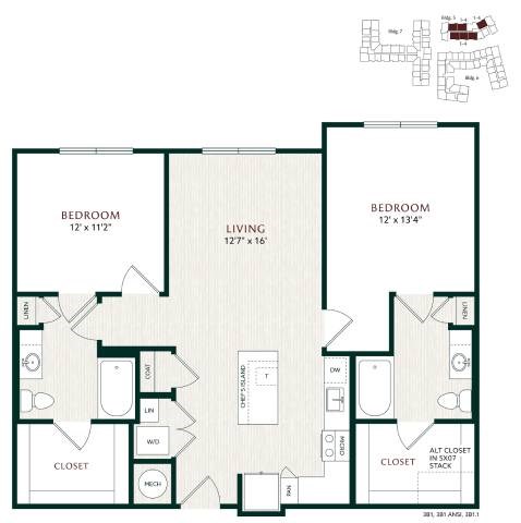 Floor plan for 2 beds, 2 baths, 1143 sqft
