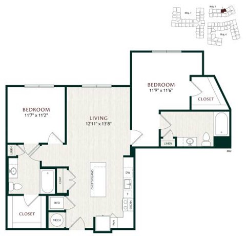 Floor plan for 2 beds, 2 baths, 1152 sqft