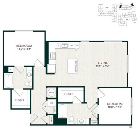 Floor plan for 2 beds, 2 baths, 1203 sqft
