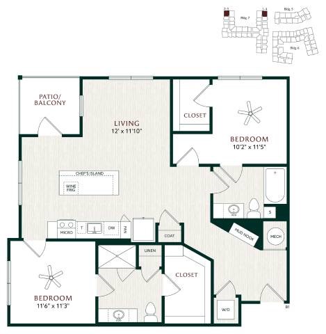 Floor plan for 2 beds, 2 baths, 1191 sqft