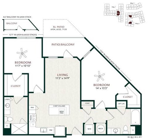 Floor plan for 2 beds, 2 baths, 1108 sqft