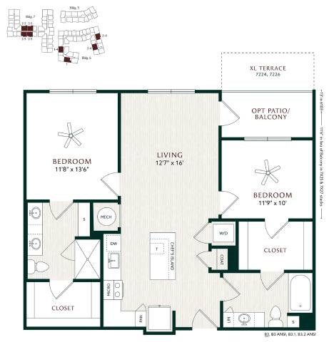 Floor plan for 2 beds, 2 baths, 1081 sqft