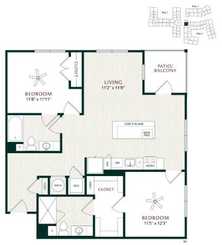 Floor plan for 2 beds, 2 baths, 1133 sqft