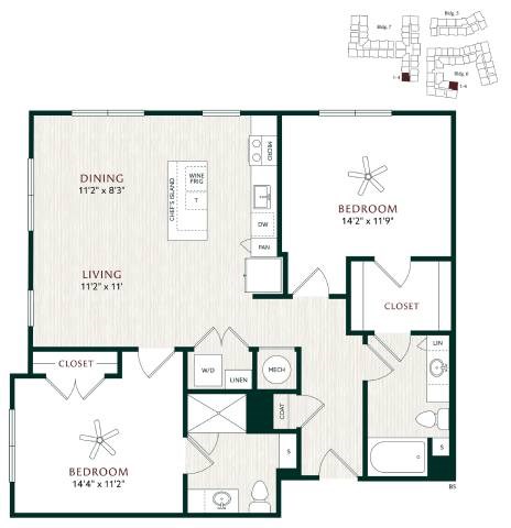 Floor plan for 2 beds, 2 baths, 1186 sqft