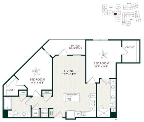 Floor plan for 2 beds, 2 baths, 1216 sqft