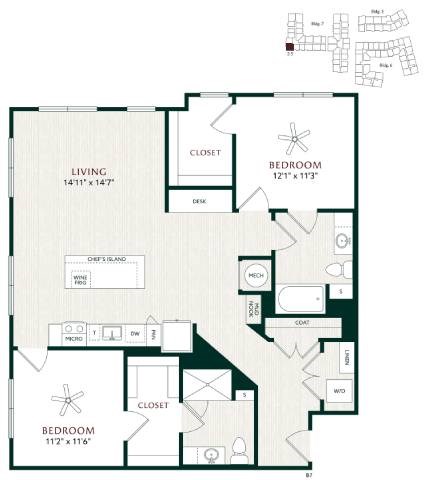 Floor plan for 2 beds, 2 baths, 1312 sqft