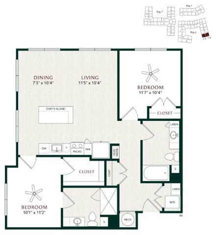 Floor plan for 2 beds, 2 baths, 1062 sqft
