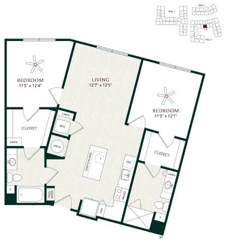 Floor plan for 2 beds, 2 baths, 1061 sqft