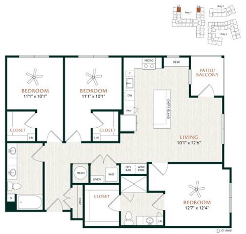 Floor plan for 3 beds, 2 baths, 1394 sqft