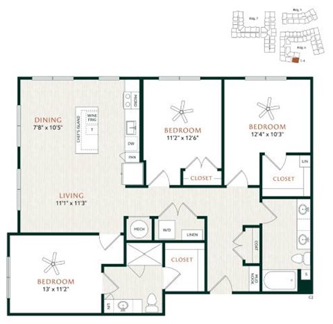 Floor plan for 3 beds, 2 baths, 1381 sqft