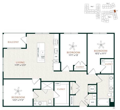 Floor plan for 3 beds, 2 baths, 1387 sqft