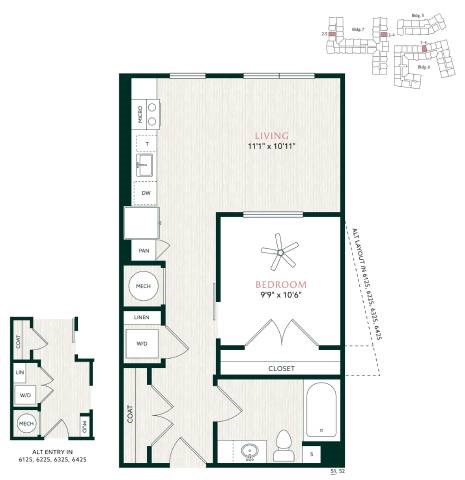 Floor plan for studio, 1 bath, 599 sqft