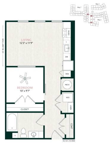 Floor plan for studio, 1 bath, 617 sqft