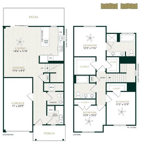 Floor plan for 3 beds, 2.5 baths, 1728 sqft