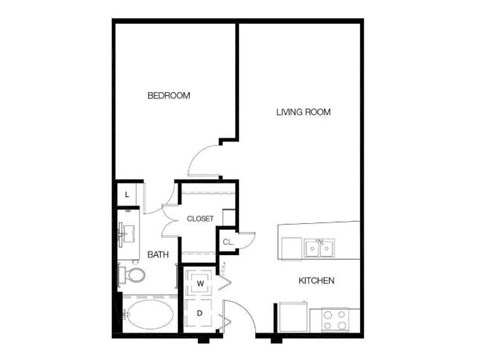 Floor plan for 1 bed, 1 bath, 673 sqft