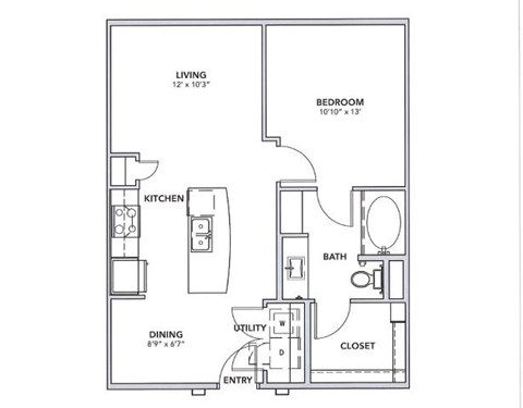 Floor plan for 1 bed, 1 bath, 753 sqft