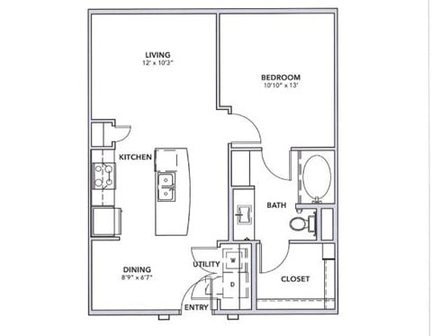 Floor plan for 1 bed, 1 bath, 702 sqft