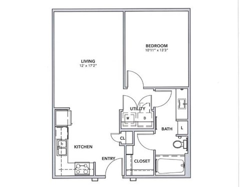 Floor plan for 1 bed, 1 bath, 702 sqft