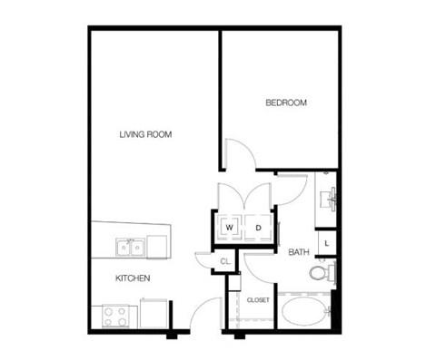 Floor plan for 1 bed, 1 bath, 702 sqft