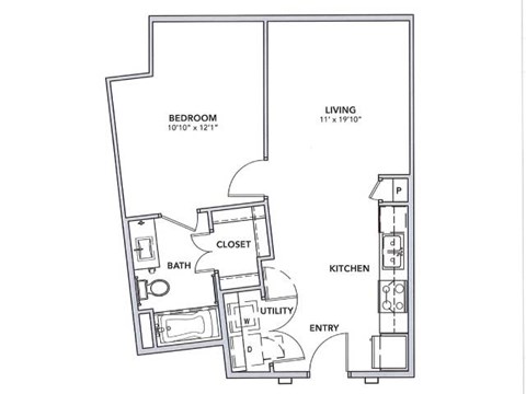 Floor plan for 1 bed, 1 bath, 619 sqft