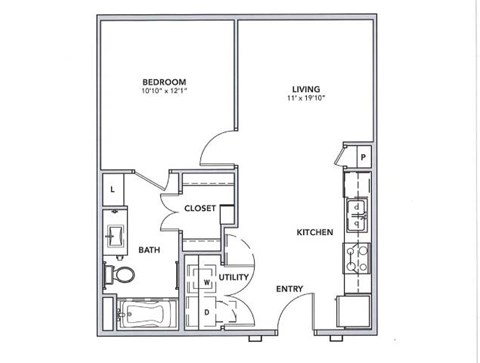 Floor plan for 1 bed, 1 bath, 604 sqft