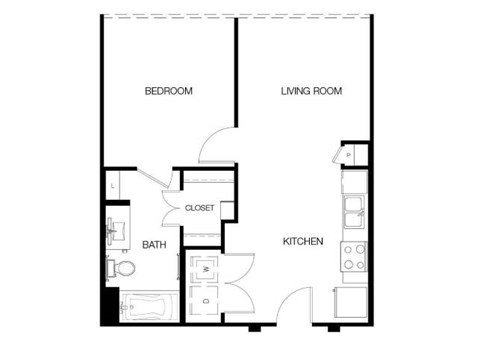 Floor plan for 1 bed, 1 bath, 604 sqft