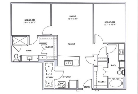 Floor plan for 2 beds, 2 baths, 1074 sqft