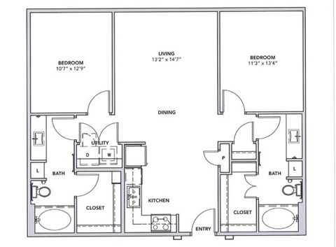 Floor plan for 2 beds, 2 baths, 1051 sqft